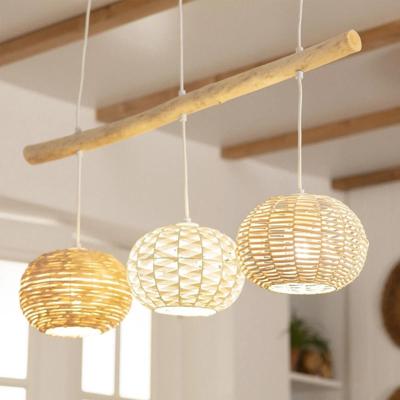 Hanglamp gevlochten &apos;Linde&apos; 3x E27 fitting houten balk 147cm