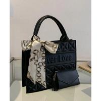 Bon&Bon Leren Schoudertasje met Letterpatroon - Zwarte Clutch Set