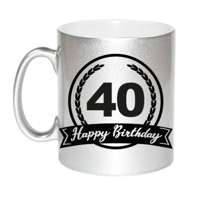 Happy Birthday 40 years zilveren cadeau mok / beker met wimpel 330 ml
