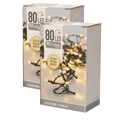 Kerstverlichting lichtsnoer - 2x - warm wit - buiten? - 6m - 80 lampjes - Kerstlampjes/kerstlichtjes