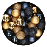 28x stuks kunststof kerstballen goud en donkerblauw mix 3 cm - thumbnail