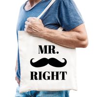 Mr. Right tasje wit met snor heren - Feest Boodschappentassen - thumbnail