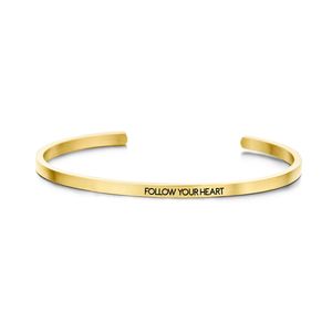 Key Moments 8KM-B00098 Stalen open bangle met tekst follow your heart zirkonia one-size goudkleurig