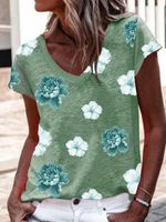 Floral Short Sleeve Printed Cotton-blend V neck Casual Summer Green Top - thumbnail