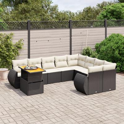 10-delige Loungeset met kussens poly rattan zwart