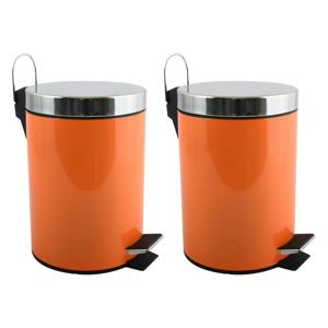 Prullenbak/pedaalemmer - 2x - metaal - oranje - 3 liter - 17 x 25 cm - Badkamer/toilet