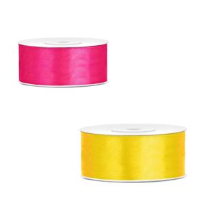 Bellatio decorations 2x rollen satijn cadeaulint/sierlint - 2.5 cm x 25 meter - roze en geel