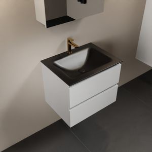 MONDIAZ AIVY 60cm badmeubel Talc, wastafel Urban solid surface midden 1 kraangat met spiegelkast (AI-351111URBAN-SI - AI-M60TAMI - AI-C60TAMI)