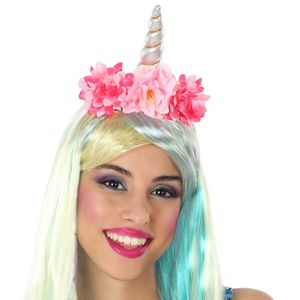 Verkleed haarband Unicorn/Eenhoorn - roze gekleurd - meisjes/dames - met bloemen