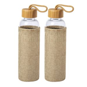 4x Stuks glazen waterfles/drinkfles met naturel bamboe houten bescherm hoes 550 ml