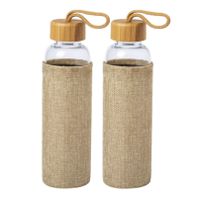 4x Stuks glazen waterfles/drinkfles met naturel bamboe houten bescherm hoes 550 ml