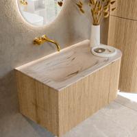 Badmeubel Mondiaz Kurve-Dlux | 85 cm | Meubelkleur Oak | Wastafelkleur Nata | Solid surface | Wasbak linker zijde spoelbak | Zonder kraangat(en)