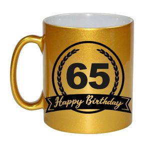 Happy Birthday 65 years gouden cadeau mok / beker met wimpel 330 ml   -