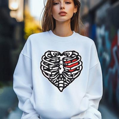 Bon&Bon Women's Heart & Skull Print Sweatshirt - Loose Crew Neck Pullover White / XL