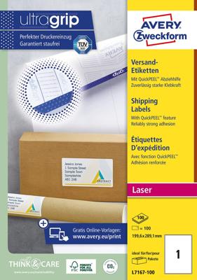 Avery L7167, Verzendetiketten, Laser, Ultragrip, wit, 100 vellen, 1 per vel, 199,6 x 289,1 mm