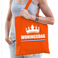 Woningsdag tas / shopper oranje katoen met witte tekst en kroon voor dames   - - thumbnail