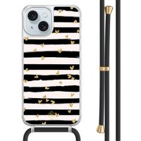 iPhone 15 hoesje met zwart koord - Hart streepjes