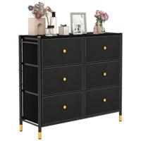 6-Laden Stoffen Commode met Metalen Frame Vrijstaande Opbergkast voor Woonkamer Garderobe Hal Houten Handvat Zwart
