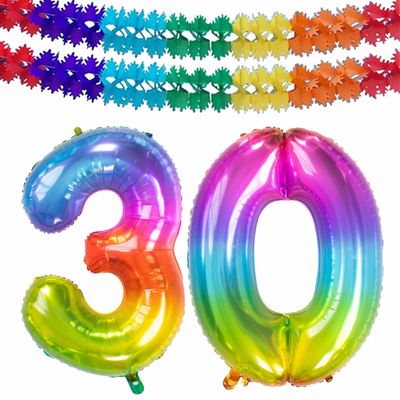 Grote folie ballonnen cijfer 30 in het glimmend multi-kleuren 86 cm en 2x feestslingers Grote folie ballonnen cijfer 30 in het glimmend multi-kleuren 86 cm en 2x feestslingers