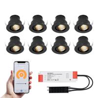 Set van 8 Medina Smart LED Mini Inbouwspots - Veranda spots - 12V 3W 150lm - Dimbaar - Kantelbaar - Wifi & Bluetooth - 2700K - IP44 - Zwart