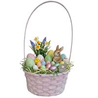 Rieten mandje met hengsel - lichtroze - D20 x H38 cm - paasmandje