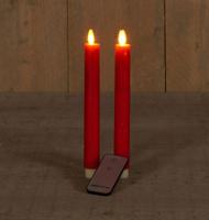 B.o. 2pcs rustiek rood wax diner kaars 23cm bew. vlam met afstands bediening 2xaa - Annas collection