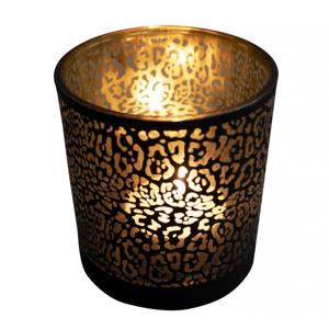 Theelichthouder - mat zwart - 18 cm - jaguar print - glas - waxinelichthouder