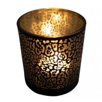 Theelichthouder - mat zwart - 18 cm - jaguar print - glas - waxinelichthouder