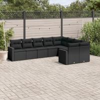 9-delige Loungeset met kussens poly rattan zwart