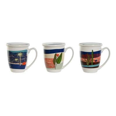 Kop met theefilter Home ESPRIT Blauw Groen Roestvrij staal Porselein Tropisch 380 ml (3 Stuks)