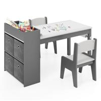 Kindertafel en Stoelenset Tekentafel met 2 Stoelen Papierhouder en Rol 4 Stoffen Bakken Open Planken Activiteitentafel voor de Speelkamer