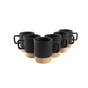 OTIX Espresso Kopjes - Zwart - Koffiekopjes - Set van 6 - 120ml - met Bamboe Onderzetter - Met oor - Koffiekopjes