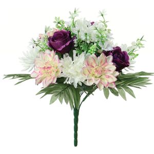 Kunstbloemen boeket roos/dahlia - paars/creme - H36 cm - Bloemstuk - Bladgroen