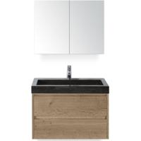 Dante Badmeubelset 80 cm - Natuur Eiken - Wastafel Hardsteen Wit Lucca met Spiegelkast