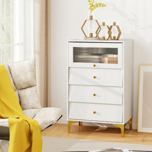 3/4 Ladekast Moderne Opbergkast met Kantelbare Geribbelde Glazen Deur Gouden Metalen Poten en Anti-Kantelontwerp Wit