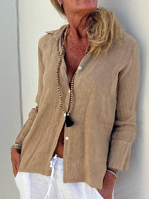 Shirt Collar Plain Linen Buttoned Blouse