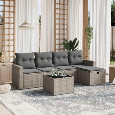 6-delige Loungeset met kussens poly rattan grijs