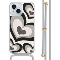 iPhone 15 hoesje met grijs koord - Hart swirl zwart