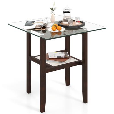 Vierkante Glazen Bijzettafel (61 cm) Salontafel met Twee Lagen Opbergplank en Rubberhouten Frame Moderne Bijzettafel Bruin
