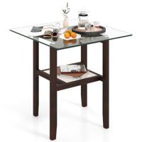 Vierkante Glazen Bijzettafel (61 cm) Salontafel met Twee Lagen Opbergplank en Rubberhouten Frame Moderne Bijzettafel Bruin
