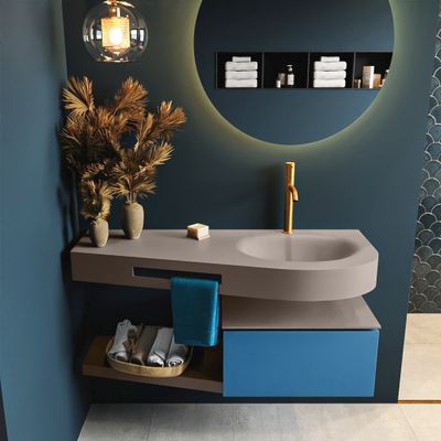 MONDIAZ RIVA 120cm badmeubel onderkast / planchet kleur Jeans met 1 lade. Wastafel DULCET rechts 1 kraangat kleur Smoke. MONDIAZ RIVA 120cm badmeubel onderkast / planchet kleur Jeans met 1 lade. Wastafel DULCET rechts 1 kraangat kleur Smoke.