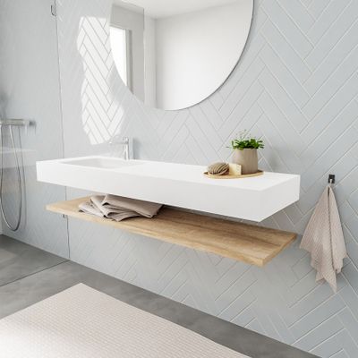 Mondiaz Alan badmeubel 150 cm planchet washed oak vrijhangend wastafel links 1 kraangat wit