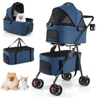 Opvouwbare Dubbele Dierenwagen met 2 Afneembare Transportboxen Autostoeltjes Reiswagen voor Kleine Honden en Katten 4 Vergrendelbare Terreinwielen Waterdichte Hoes-Blauw