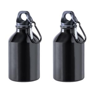 Waterfles - 2x - Zwart - Aluminium - 330 ml - schroefdop - met Karabijnhaak - Bidon