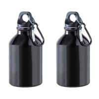 Waterfles - 2x - Zwart - Aluminium - 330 ml - schroefdop - met Karabijnhaak - Bidon