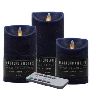 Kaarsen set van 3x stuks LED stompkaarsen donkerblauw met afstandsbediening