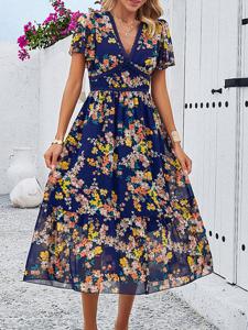 V Neck Casual Floral Dress With No