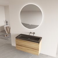 Fontana Freestone badkamermeubel warm eiken 100cm met natuurstenen wastafel zonder kraangat en ronde spiegel - thumbnail
