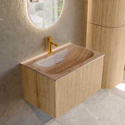 Badmeubel Mondiaz Kurve-Dlux | 70 cm | Meubelkleur Oak | Wastafelkleur Arena | Solid surface | Wasbak midden spoelbak | 1 kraangat