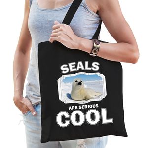Katoenen tasje seals are serious cool zwart - zeehonden/ witte zeehond cadeau tas